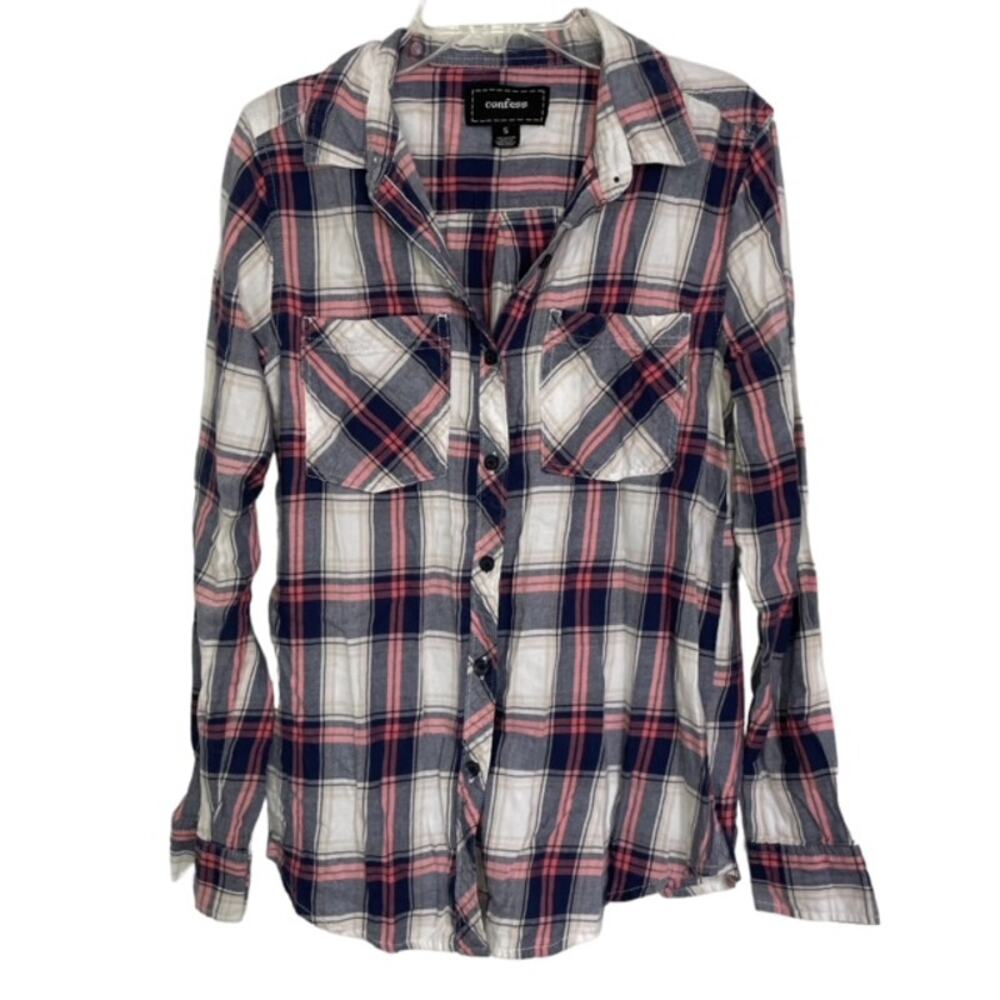 Confess Pink Blue Plaid Grunge Womens Long Sleeve Shirt Size S
